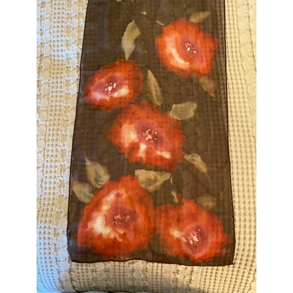 Scarf Silk like ‎ Brown with Dark Orange Flowers Perfect for Spring Versatile